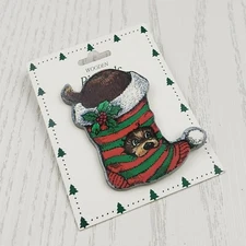 Wooden Pin Pals Stocking Dog Pin Red Green Stripe Holiday Christmas Puppy 1990s