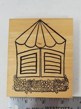 Large Rubber Stamp Window Shutters & Flowers 4" x 3.25"