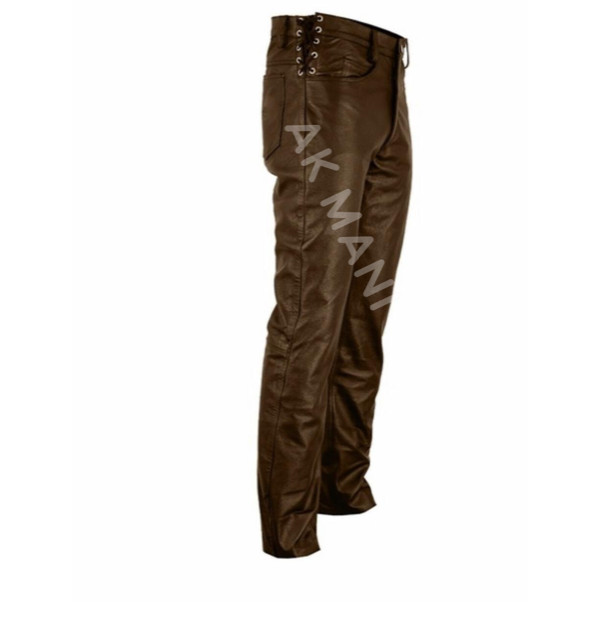 Men's Leather Trouser Pants '501 JEANS STYLE' Brown Cowhide Classic Biker Pants
