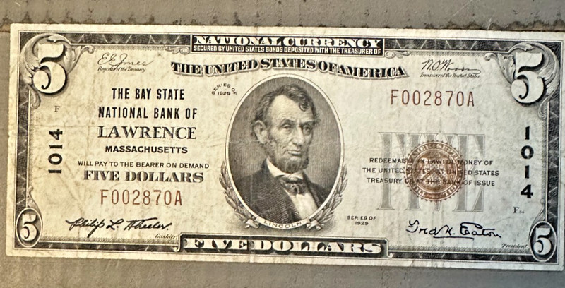 $5.00 1929 National bank note Lawrence Massachusetts F/VF