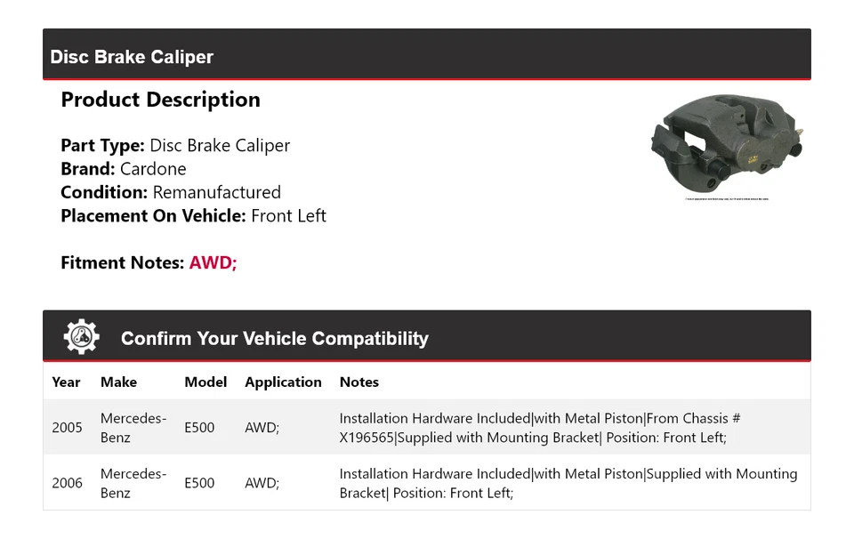 For 2005-2006 Mercedes-Benz E500 AWD Disc Brake Caliper Front Left Cardone - Image 2 of 4