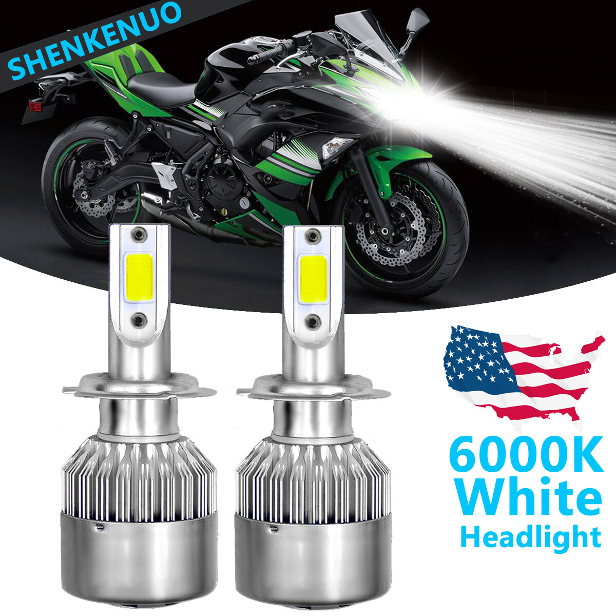 H7 LED Headlight Bulb 6000K White C6 For Kawasaki Ninja 250 300