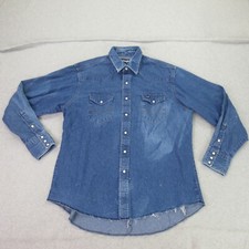 Vintage Wrangler Denim Pearl Snap Shirt Mens 17.5 36 Blue Long Sleeve Western