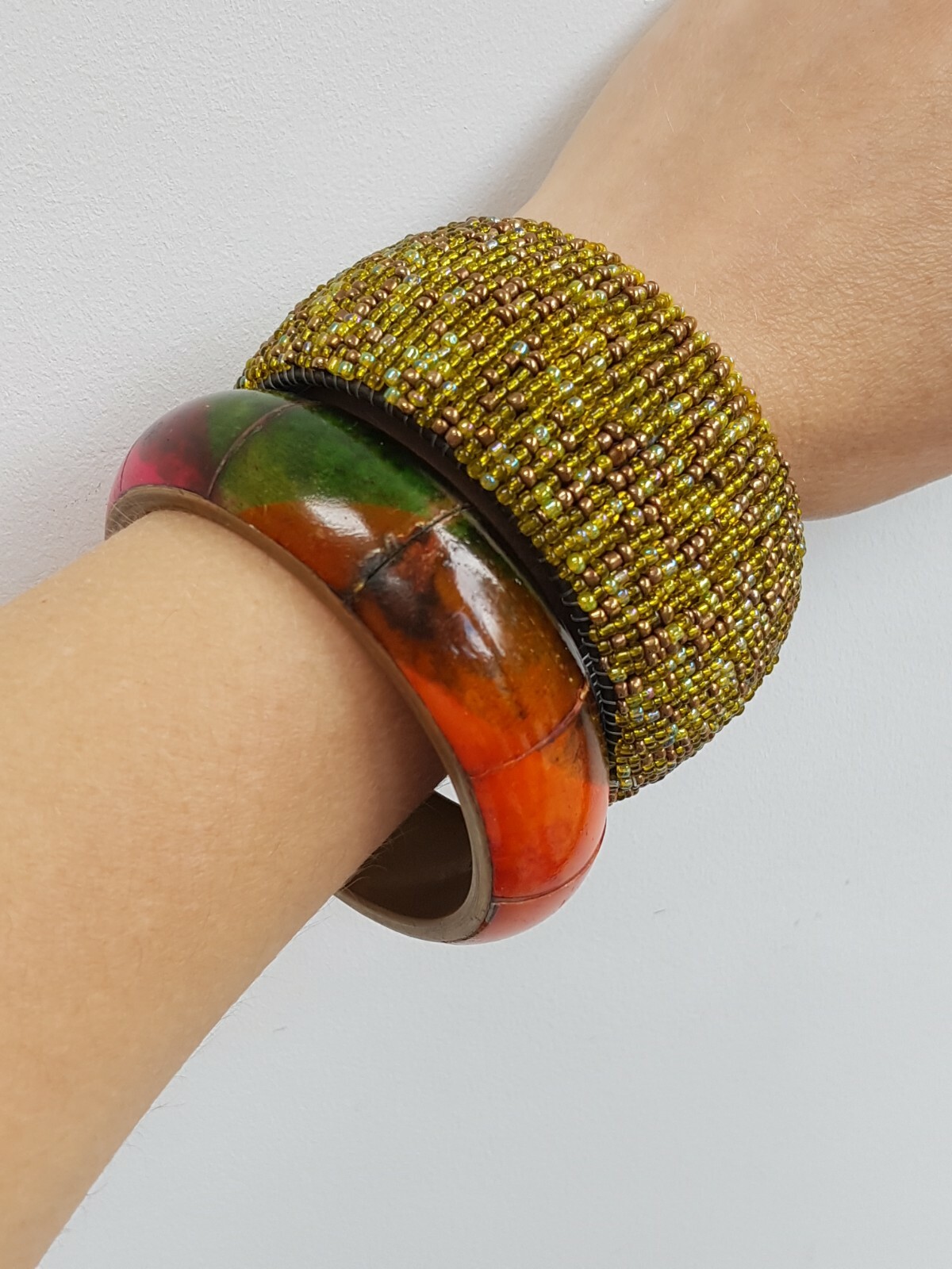 Bangles Stack Bundle Arm Brass multicoloured wood… - image 1