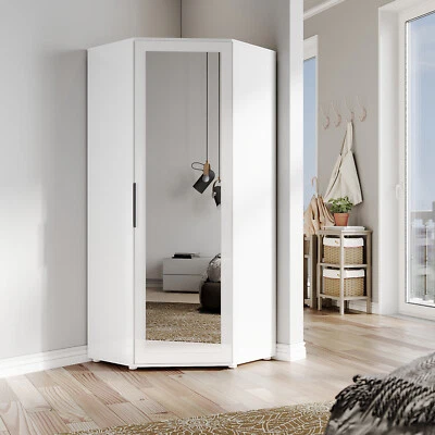 ELEGANT Corner Mirrored Wardrobe Modern White High Gloss Door with Hanging Rail Shelves