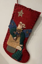 Vintage Red Primitive Penny Felt Applique Christmas Stocking Angel