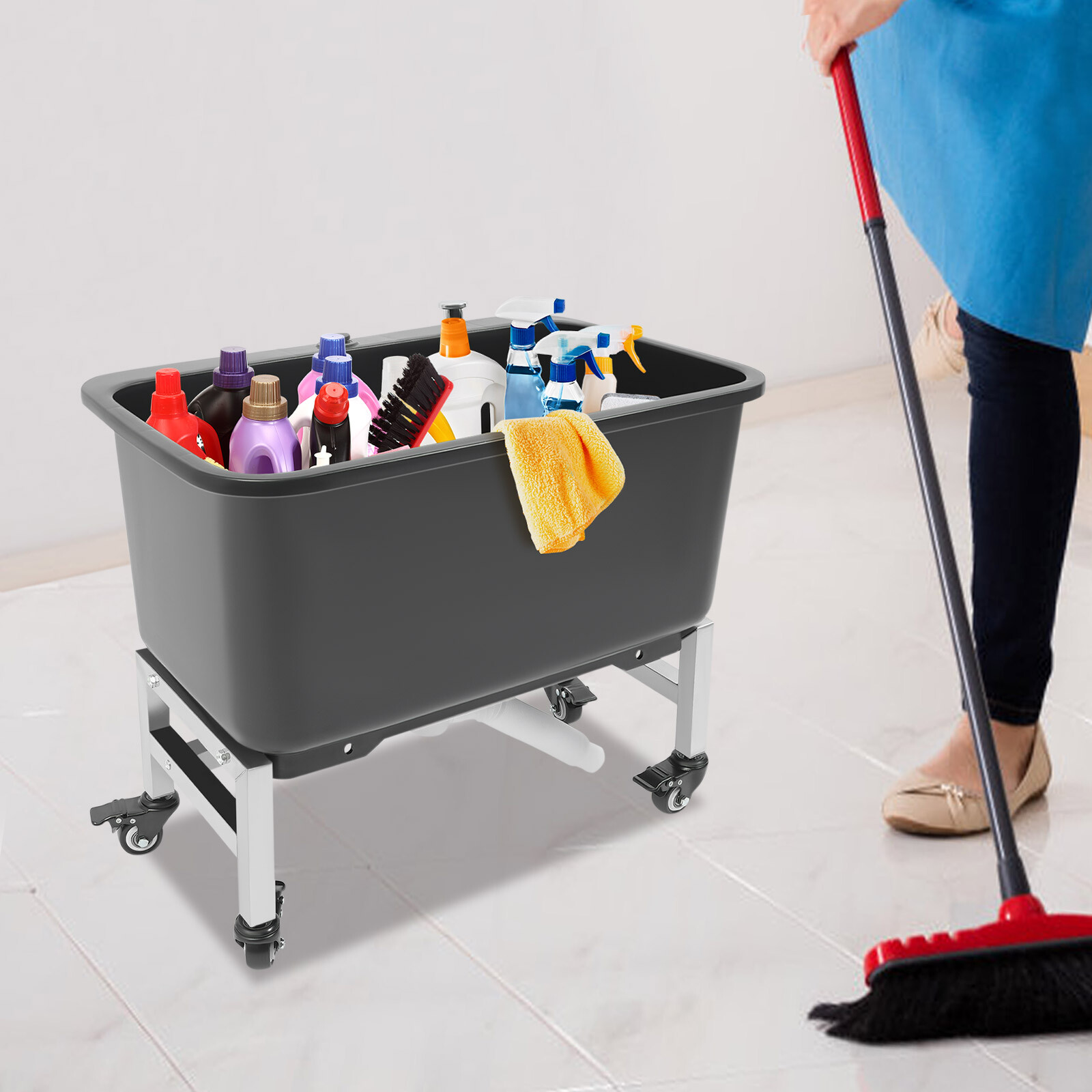 12 Gal Large Mop Bucket W/4 Wheels Drain Hose Plastic Wet Floor Cleaning Buckets