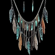 Western Bohemian Metal Gold Silver Rose Gold Patina Feather Pendants Necklace