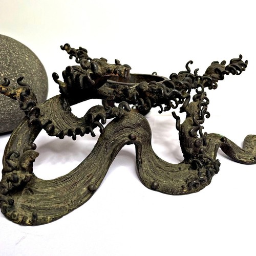 Japanese Bronze Sculpture Statue Meiji Antique Dragon Pearl Zen Wave Abstract Ja - Picture 7 of 7