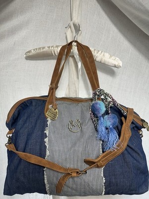 Maaji Denim Weekender Bag Brown Leather Straps & Blue Pom-Pom Tassels
