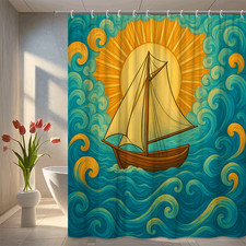 Colorful Nautical Shower Curtain with Sailboat and Sun Design