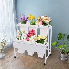 2-Tier Plant Stand Flower Display Stand Plant Cart Rack Decor with 6 Buckets