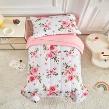 Flower Toddler Bedding Set for Girls 4 Pieces White Floral Toddler Bed Set wi...