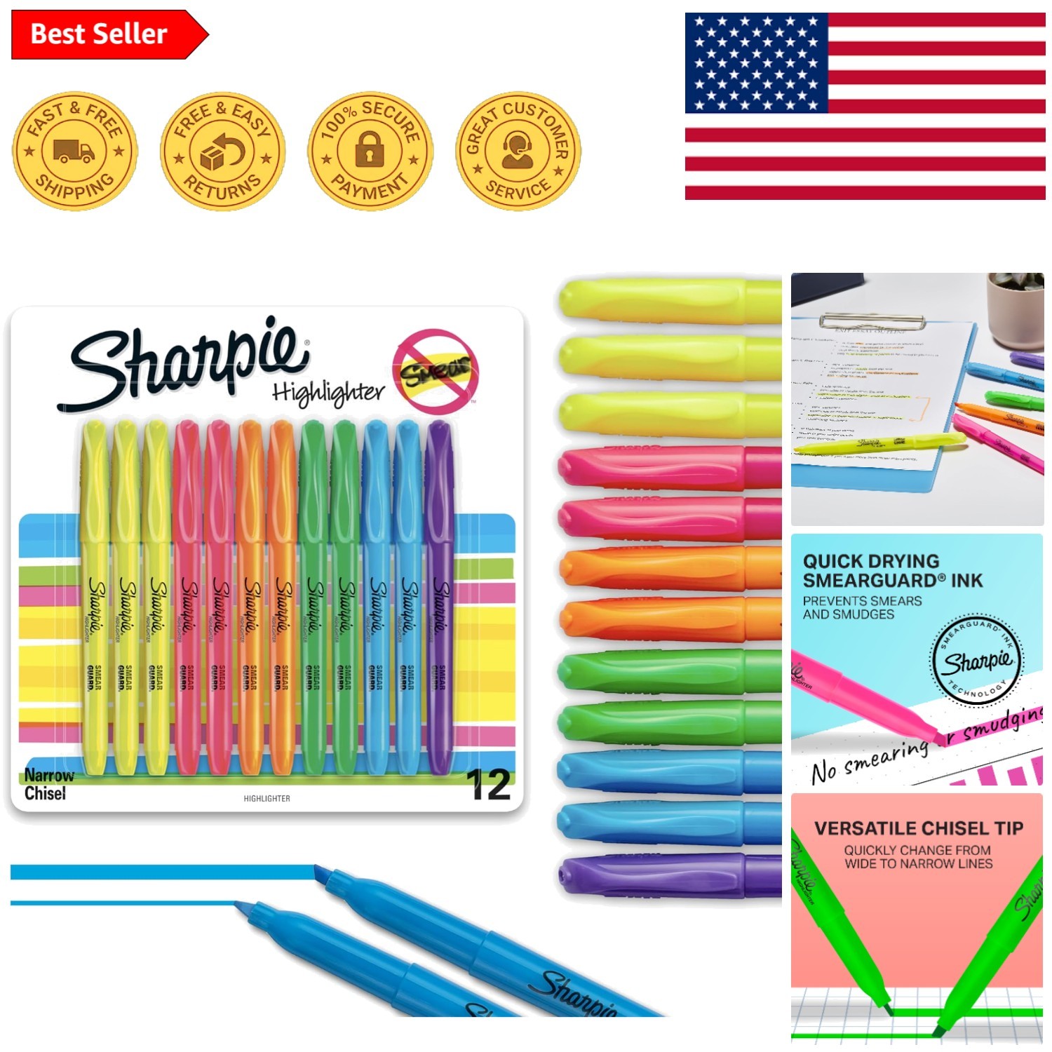 S 12-count - Chisel Tip Quick Dry, Assorted Fluorescent Shades