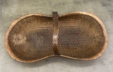 Antique French Handwoven Willow Market Flower Basket w Wood Handle, 37"