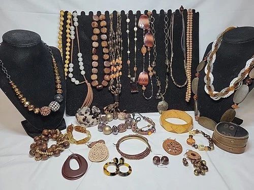 Vtg Now Brown Mixed Bulk Costume Jewelry Lot Necklaces Bracelets Earrings #990