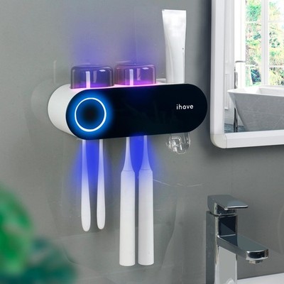 iHave UV Toothbrush Sanitizer Holder Wall Mount w/Dispenser Dual Cup Smart