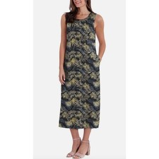 New Briggs Tropical Leaf Print lino Sleeveless Maxi Dress Women Size L