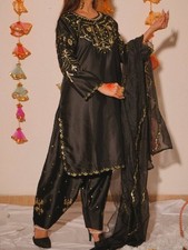 Latest Black Japan Satin Farshi Salwar Kameez With Dupatta For Women
