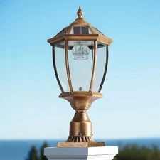 20" Solar Post Light Outdoor Lantern Gold Pillar Lamp Dusk To Dawn with Remote