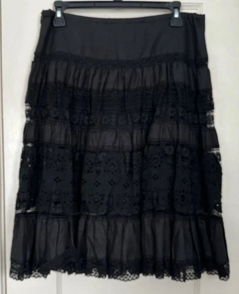 Sundance Circle Black Linen Skirt Lacy Tiered Ruffles Rockabilly Size S