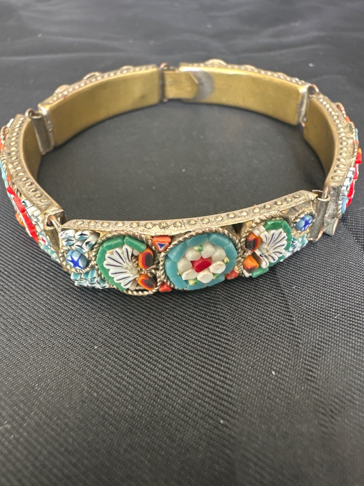 Vintage Italian Micro Mosaic Bracelet Floral Panel Link Millefiori Italy 7