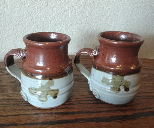 Vintage Studio Art Pottery Clay Coffee Cup Mug Set Of Two Drip Glaze / Signed