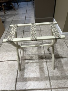 Vintage Scheibe Wood Luggage Folding Rack Tapestry Fabric Straps off  White