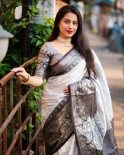 Beautiful Party Wear Gray and Black Lichi Silk Saree With Blouse For Women New