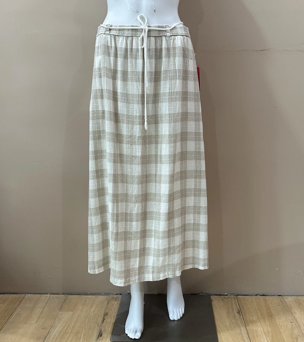 Isaac Mizrahi Beige Plaid Gingham Linen Blend Midi Skirt Women’s M NWT Coastal