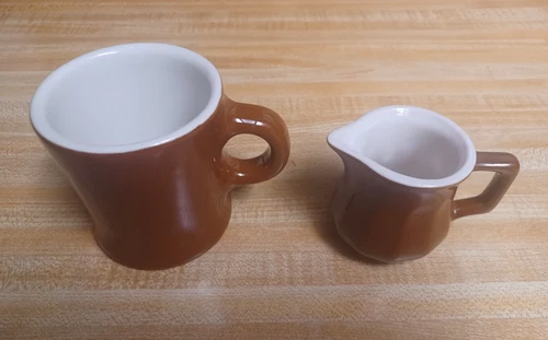 Vintage Hall USA Pottery Small Brown Creamer & Coffee Mug  2pc set Preowned VGC 