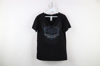 Y2K Harley Davidson Womens Large Faded Spell Out Tribal Eagle V-Neck T-Shirt