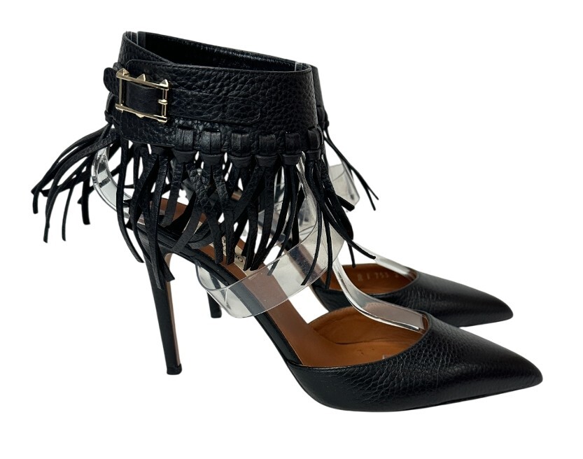 VALENTINO Garavani Calfskin C Rockee Fringe Pumps 37.5 7.5 US Black Ankle Wrap thumbnail 3