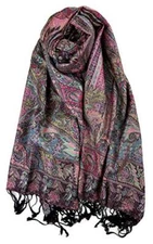  Metallic Tapestry Ethnic Paisley Pattern Pashmina Scarf Black Pink Metallic
