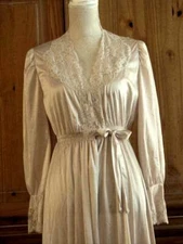 Vintage Kayser Light  Beige  With Lovely Lace Accent Nylon W Medium Maxi Robe