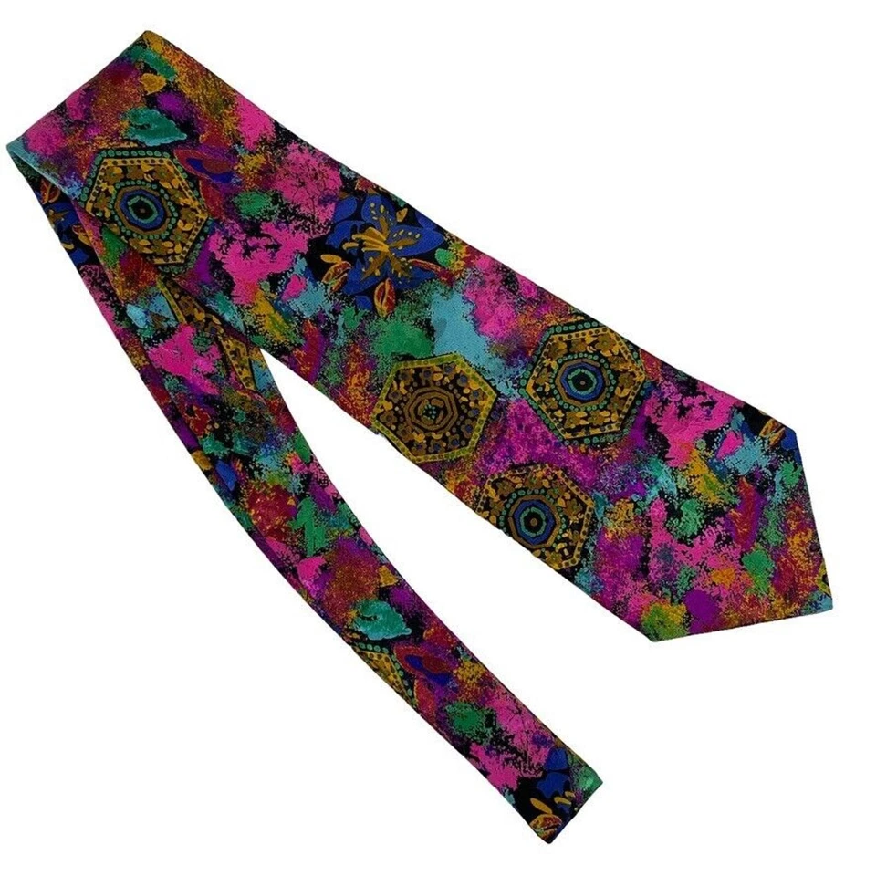 Corbata artística vintage de diseñador Brioni salpicaduras de pintura rosa azul verde 100 % seda Foto 2 de 4