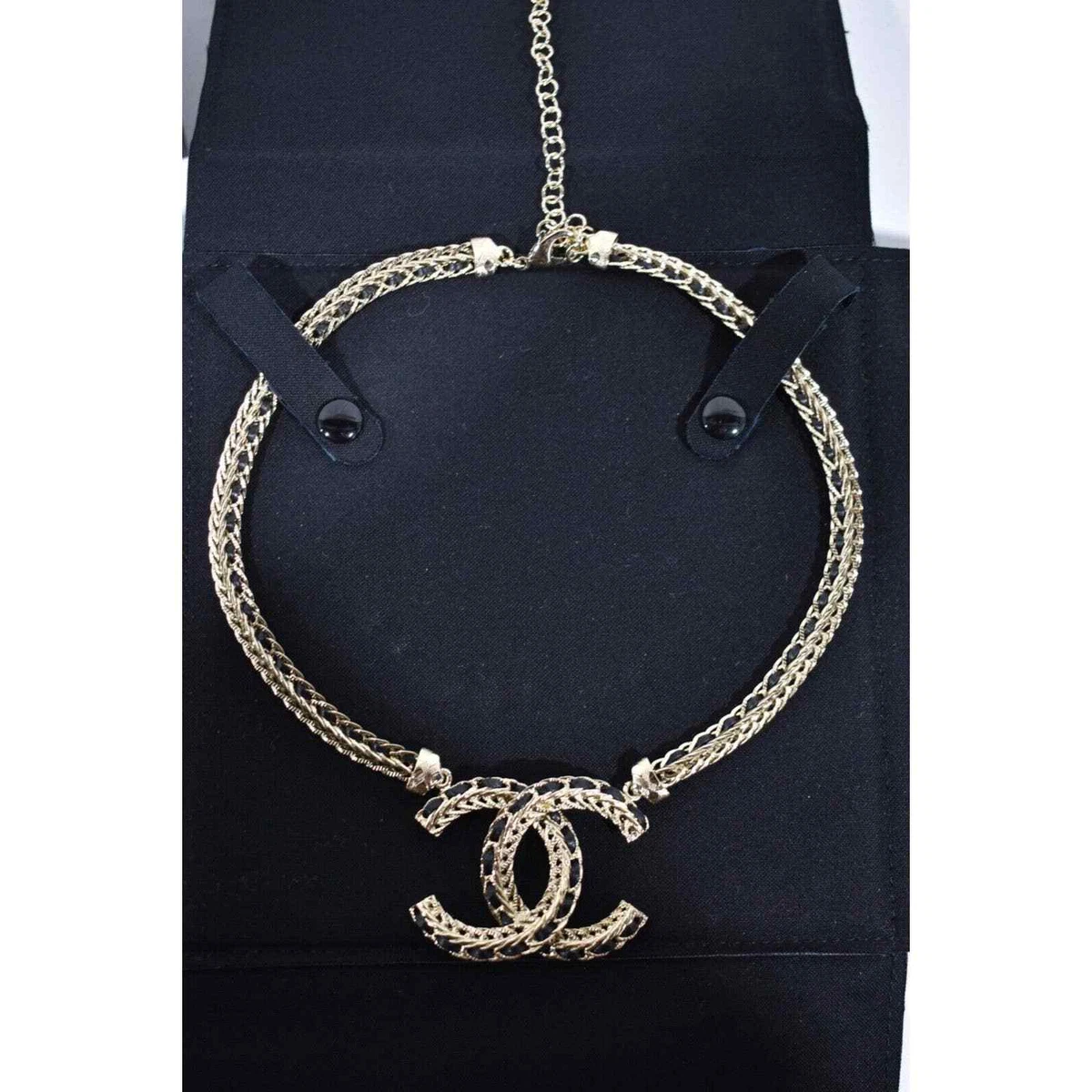 Chanel 22S Gold Metal Black Leather Chain Link CC Logo Pendant Choker  Necklace