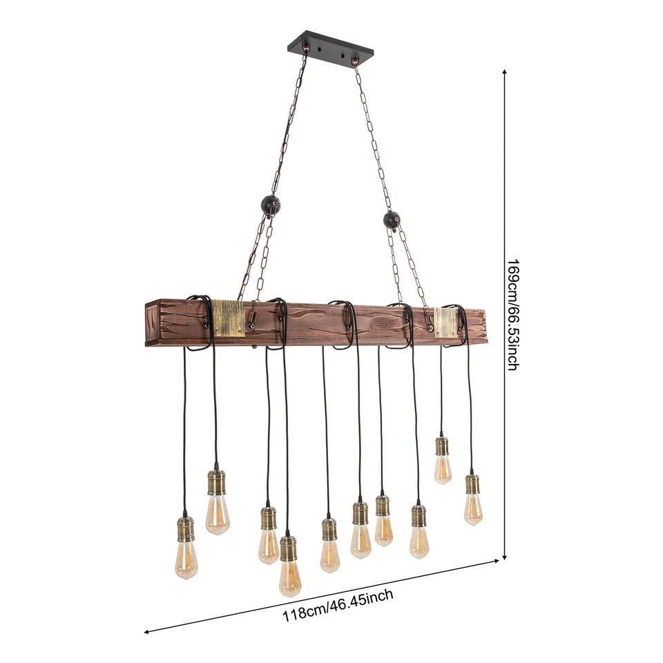 Lámpara de araña industrial rústica 10 Edison bombilla granja isla de madera lámpara colgante Foto 4 de 4