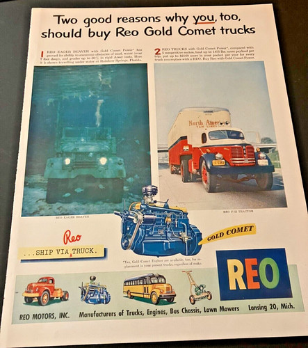 1950s REO Gold Comet Trucks - Vintage Print Ad / Wall Art - Eager Beaver & F-22