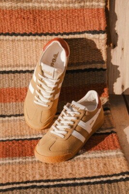 New Gola Elan Caramel Color Block Suede Leather Sneakers / Off White / Deep Red