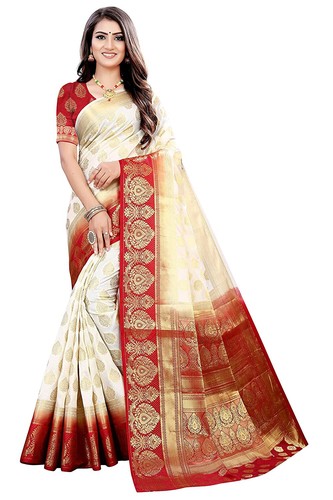 Off White Woven Design Banarasi Silk Blend Saree With Unstitched Blouse Piece
