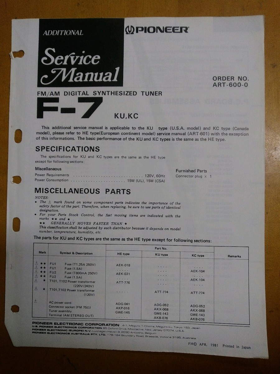 pioneer FM/AM TUNER F-780 動作品 Pioneer F 7 service manual original repair book FM AM