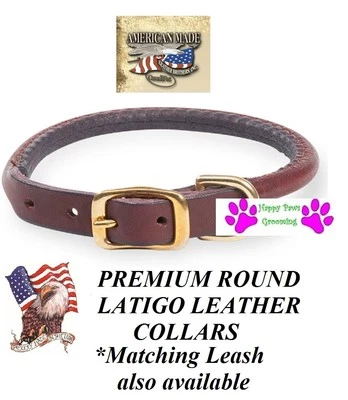 USA MADE Premium Heavy Duty LATIGO LEATHER ROLLED ROUND Dog BROWN COLLAR w/Brass