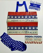 Reusable Shopping Nonwoven Tote bag USA Flag Patriotic With Socks and Coasters 