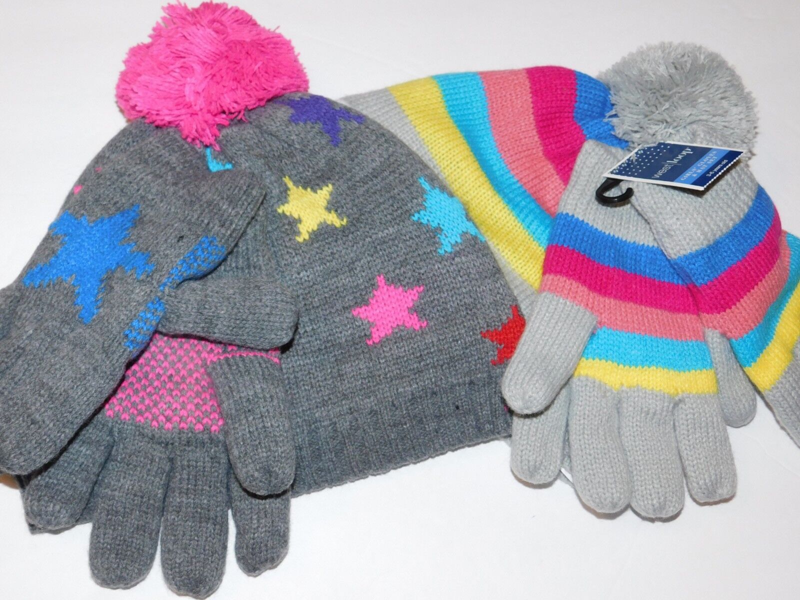 Girls Hat & Glove Sets 3 - 6 Years Old Gray Stars or Stripes Blu