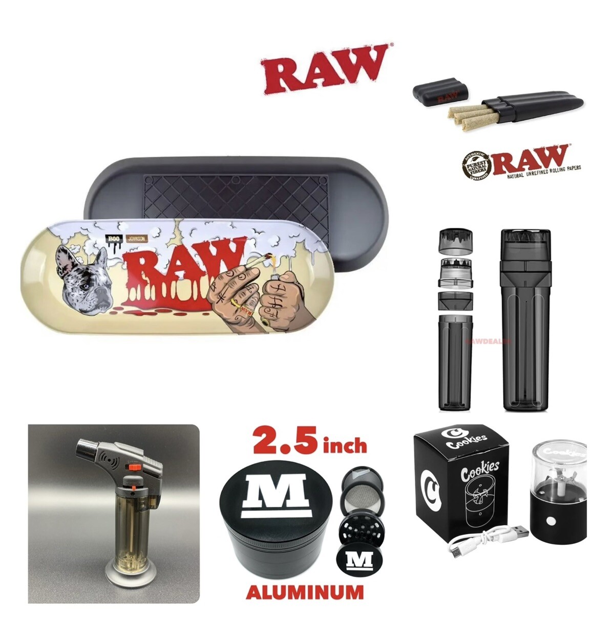 raw x boo johnson deck rolling tray+raw three tree case+loader+electric grinder