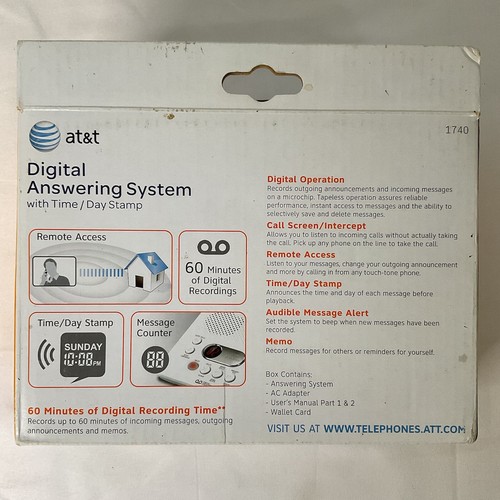 AT&T Digital Answering Machine With Time/Day Stamp White 1740 NEW - Zdjęcie 2 z 6