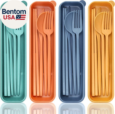Reusable Travel Utensils with Case, 4 Sets Wheat Straw Portable Cutlery Set Chop