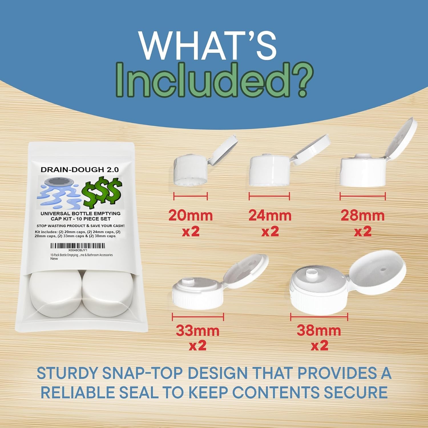 10-Pack Bottle Emptying Cap Kit with 5 Sizes - Reusable, Leak-Proof, Flip Top