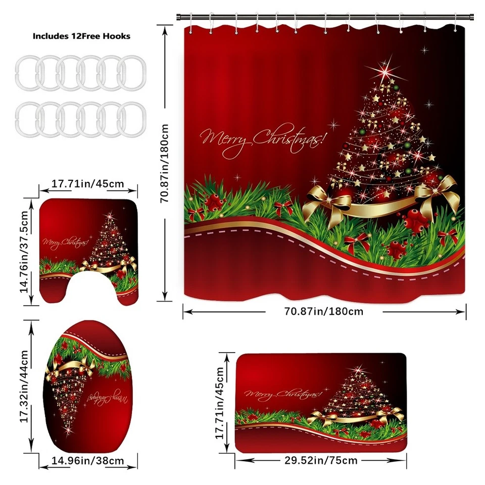 4x Merry Christmas Bathroom Set Christmas Tree Pattern Shower Curtain Home Decor - Image 3 of 4